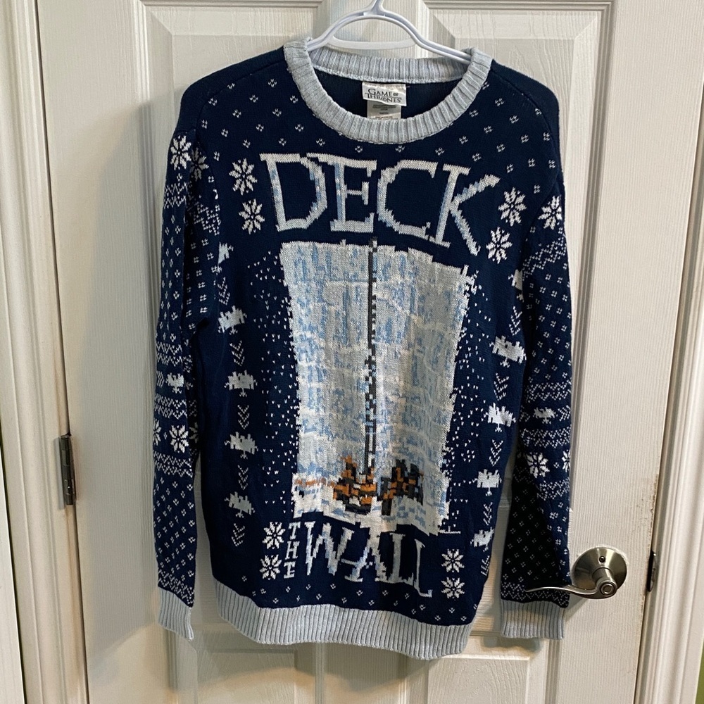 Game of Thrones Men’s Deck The Wall Ugly Christmas Sweater Navy Sky Blue Large